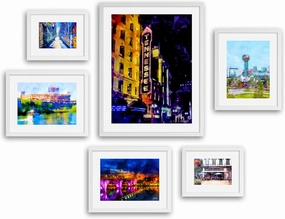 G.O.A.T HOUSE OF CREATIVE Knoxville Wall Art Set of Six, Framed Gallery Paintings of Knoxville Icons, Gay Street Knoxville Prints, Henley Street Bridge Print, Framed Art Prints (White Frames)
