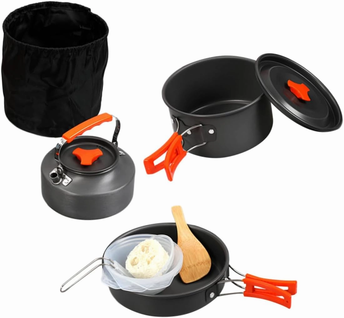 GANAZONO Camping Cooking Tool Kit 10pc Lightweight Portable Kettle Multi-Purpose Outdoor Cooking Set Ideal for Hiking Fishing and Barbecue