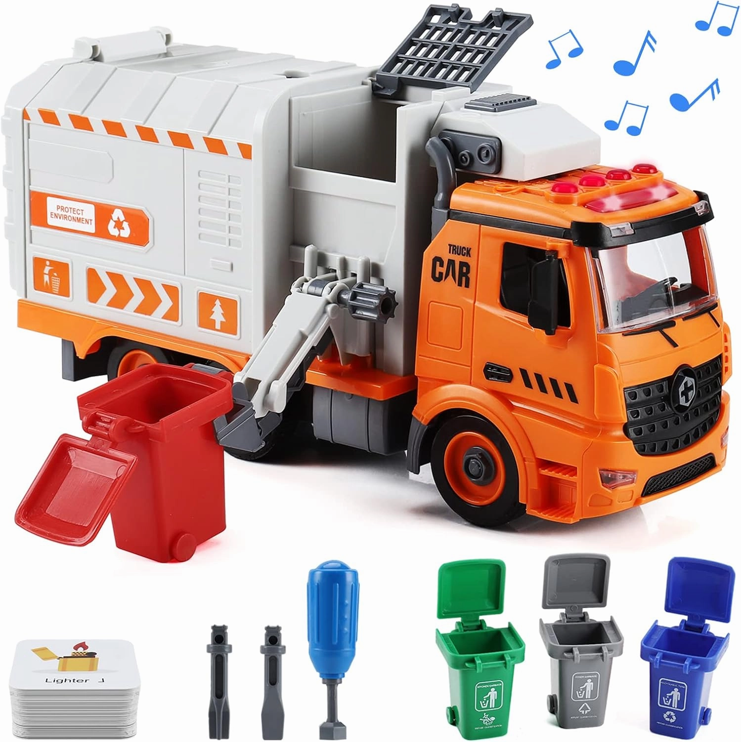 Garbage Truck Toys, DIY Realistic Recycling Trash Truck Toy with Light and Sound, 4 Trash Cans, Gifts for 3 4 5 6 7 8 Year Old Boys Girls Toddlers
