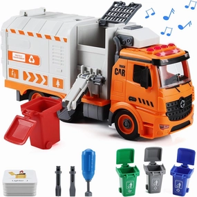 Garbage Truck Toys, DIY Realistic Recycling Trash Truck Toy with Light and Sound, 4 Trash Cans, Gifts for 3 4 5 6 7 8 Year Old Boys Girls Toddlers