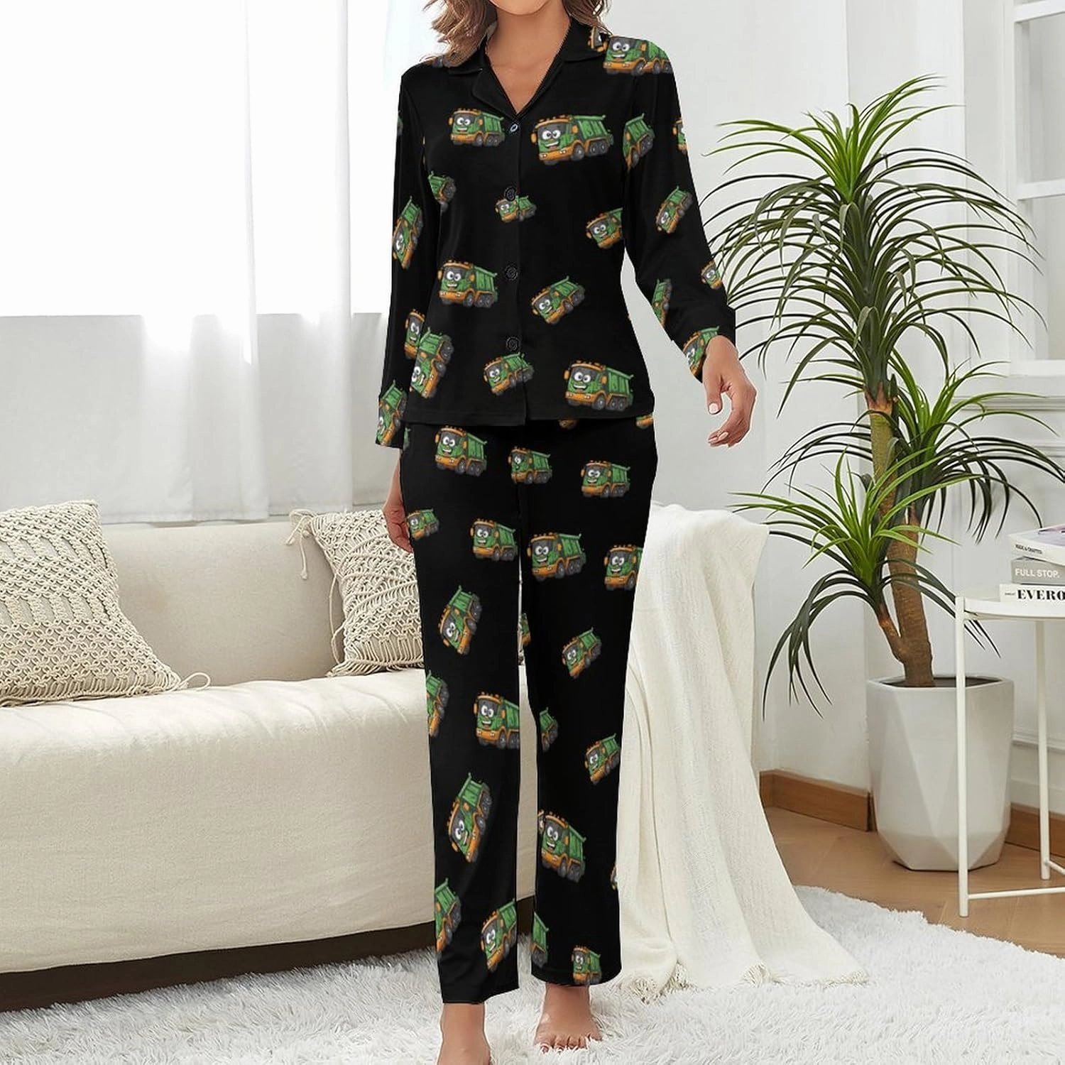 Garbage Truck Women's Pajama Set Novelty Long Sleeve Sleepwear Lounge