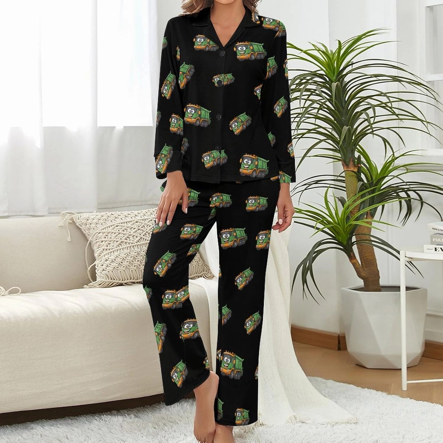 Garbage Truck Women's Pajama Set Novelty Long Sleeve Sleepwear Lounge