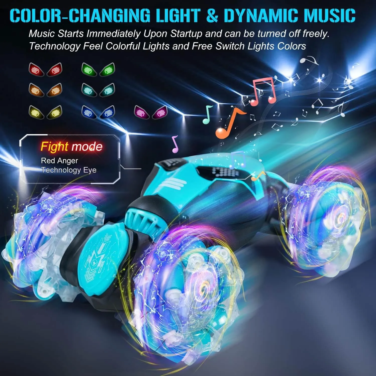 Gesture Sensing RC Stunt Car with Lights Music, 4WD Off-Road 360° Rotation RC Truck, Hand Controll Toy Car for Kids Ages 6-13, Birthday Gift for Boys Girls (Blue,2 Batteries)