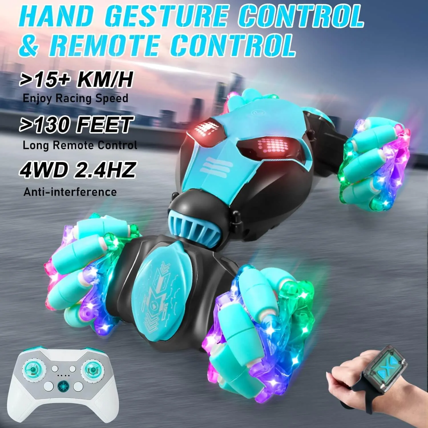 Gesture Sensing RC Stunt Car with Lights Music, 4WD Off-Road 360° Rotation RC Truck, Hand Controll Toy Car for Kids Ages 6-13, Birthday Gift for Boys Girls (Blue,2 Batteries)