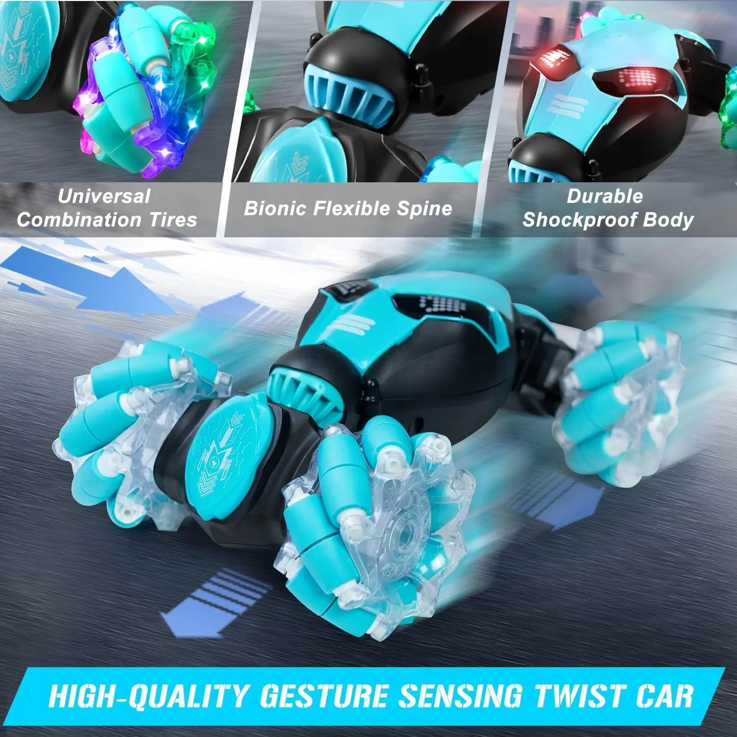 Gesture Sensing RC Stunt Car with Lights Music, 4WD Off-Road 360° Rotation RC Truck, Hand Controll Toy Car for Kids Ages 6-13, Birthday Gift for Boys Girls (Blue,2 Batteries)