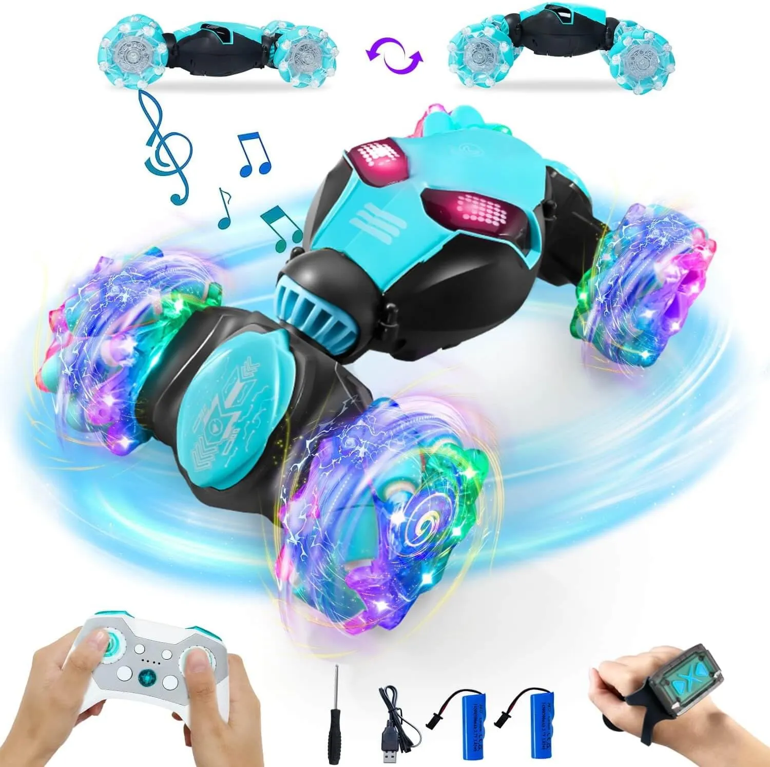 Gesture Sensing RC Stunt Car with Lights Music, 4WD Off-Road 360° Rotation RC Truck, Hand Controll Toy Car for Kids Ages 6-13, Birthday Gift for Boys Girls (Blue,2 Batteries)