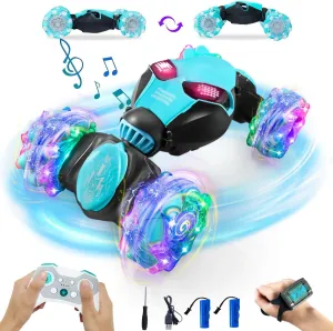 Gesture Sensing RC Stunt Car with Lights Music, 4WD Off-Road 360° Rotation RC Truck, Hand Controll Toy Car for Kids Ages 6-13, Birthday Gift for Boys Girls (Blue,2 Batteries)