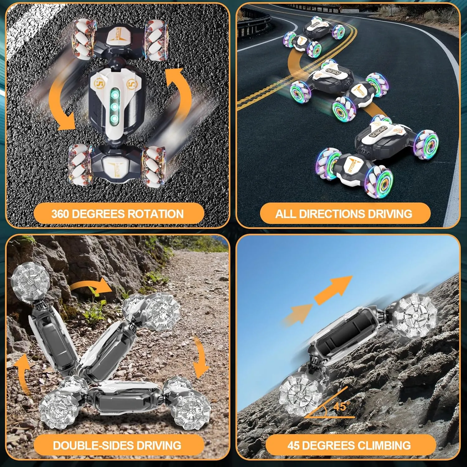 Gesture Sensing RC Stunt Car with Music Lights, 2.4Ghz 4WD Drift Off Road Gravity Watch Sensor High Speed Double Sided 360° Rotating Twist Toy Car, Cool