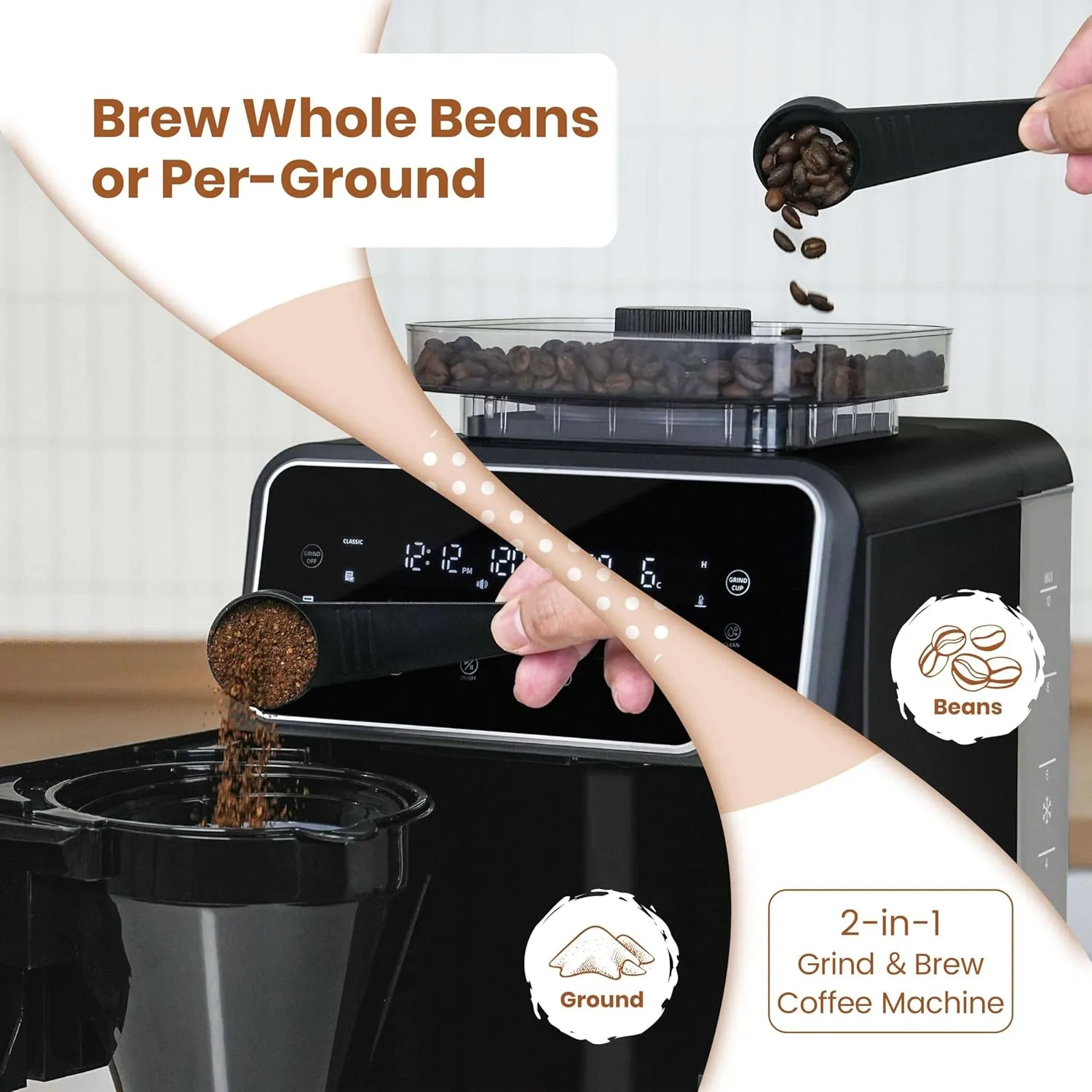 Gevi 10 Cup Drip Coffee Maker with Built-in Grinder, Grind ＆ Brew Burr Combo Coffee Machine with Programmable, Touch Screen, 4-Hour Warm Plate, Permanent Filter