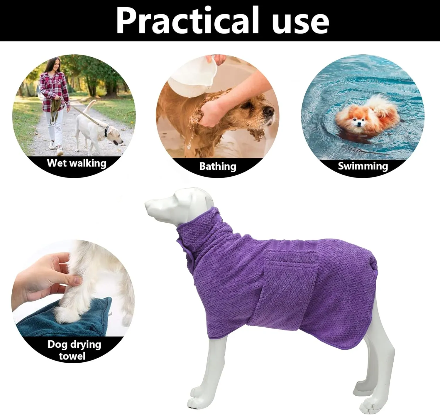 Geyecete Pineapple Grid Fast Drying Super Absorbent Dog Cat Bath Robe Towel - Purple-M