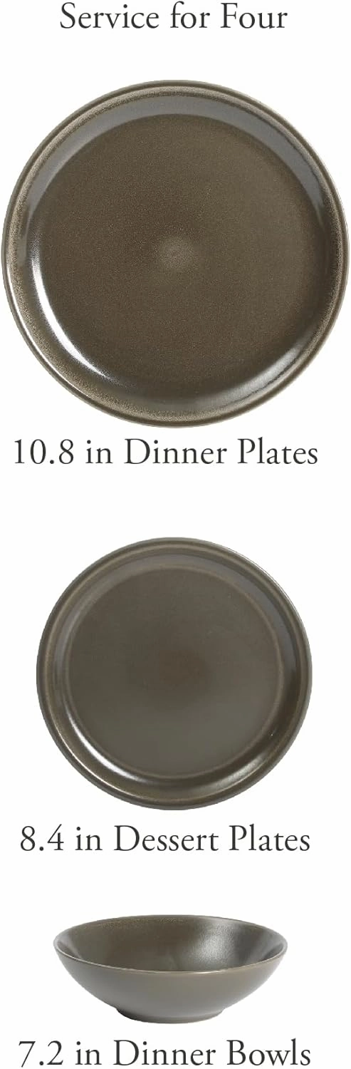 Gibson Elite 12 Piece (Service for 4) Lakecrest Plates and Bowls Reactive Glaze Round Dishes Stoneware Ceramic Dinnerware Set - Dark Green