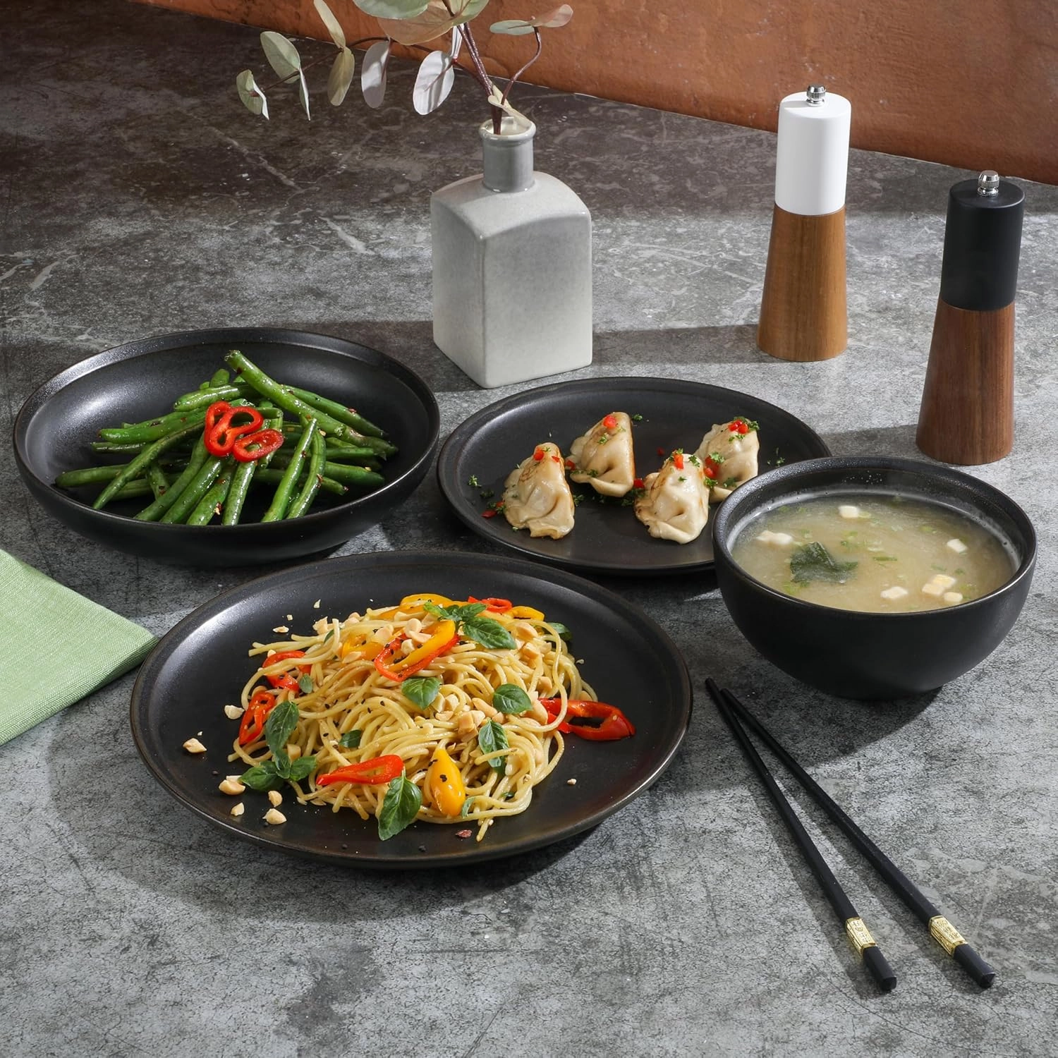 Gibson Elite Beckett Stoneware Matte Reactive Glaze 16 Piece (Service for 4) Plates and Bowls Dinnerware Set - Black