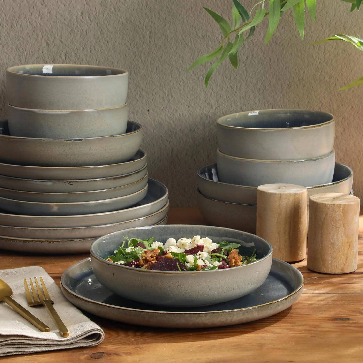 Gibson Elite Sunveil 16 Piece (Service for 4) Plates and Bowls Reactive Glaze Round Dishes Stoneware Ceramic Dinnerware Set -Blue