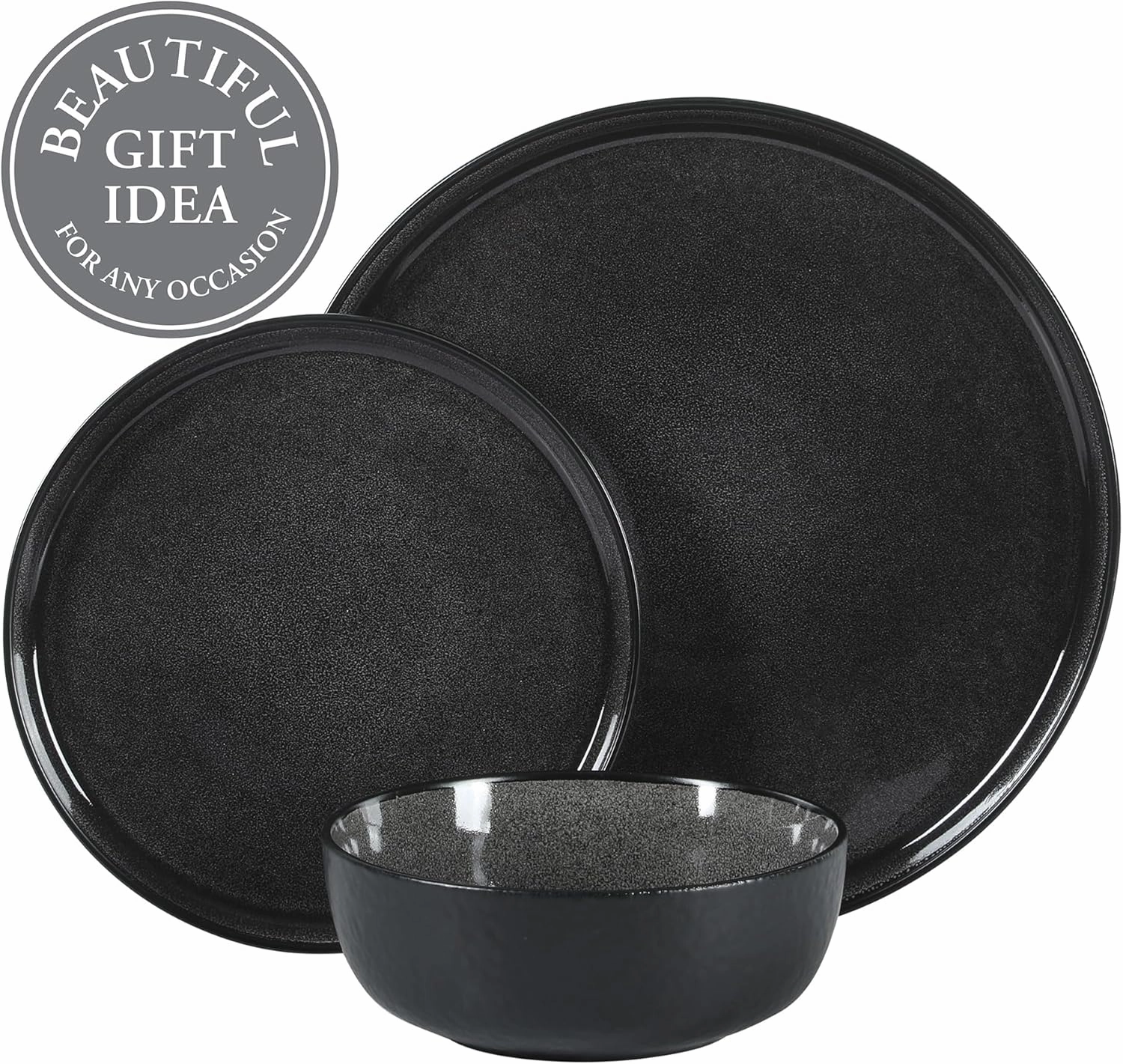Gibson Elite Tahoe Sunset 12 Piece Stoneware Reactive Glaze (Service for 4) Ceramic Plates and Bowls Dinnerware Set - Black
