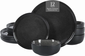 Gibson Elite Tahoe Sunset 12 Piece Stoneware Reactive Glaze (Service for 4) Ceramic Plates and Bowls Dinnerware Set - Black