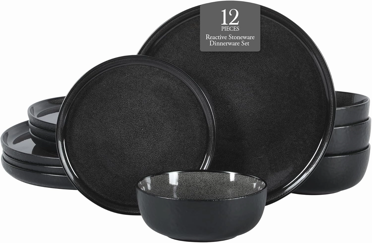 Gibson Elite Tahoe Sunset 12 Piece Stoneware Reactive Glaze (Service for 4) Ceramic Plates and Bowls Dinnerware Set - Black