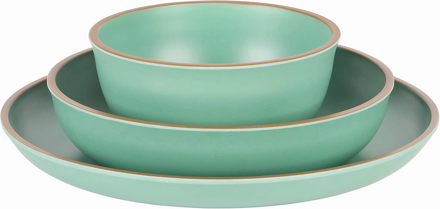 Gibson Home Rockabye 12 Piece Double Bowl Melamine Plastic Dinnerware Set - Matte Green