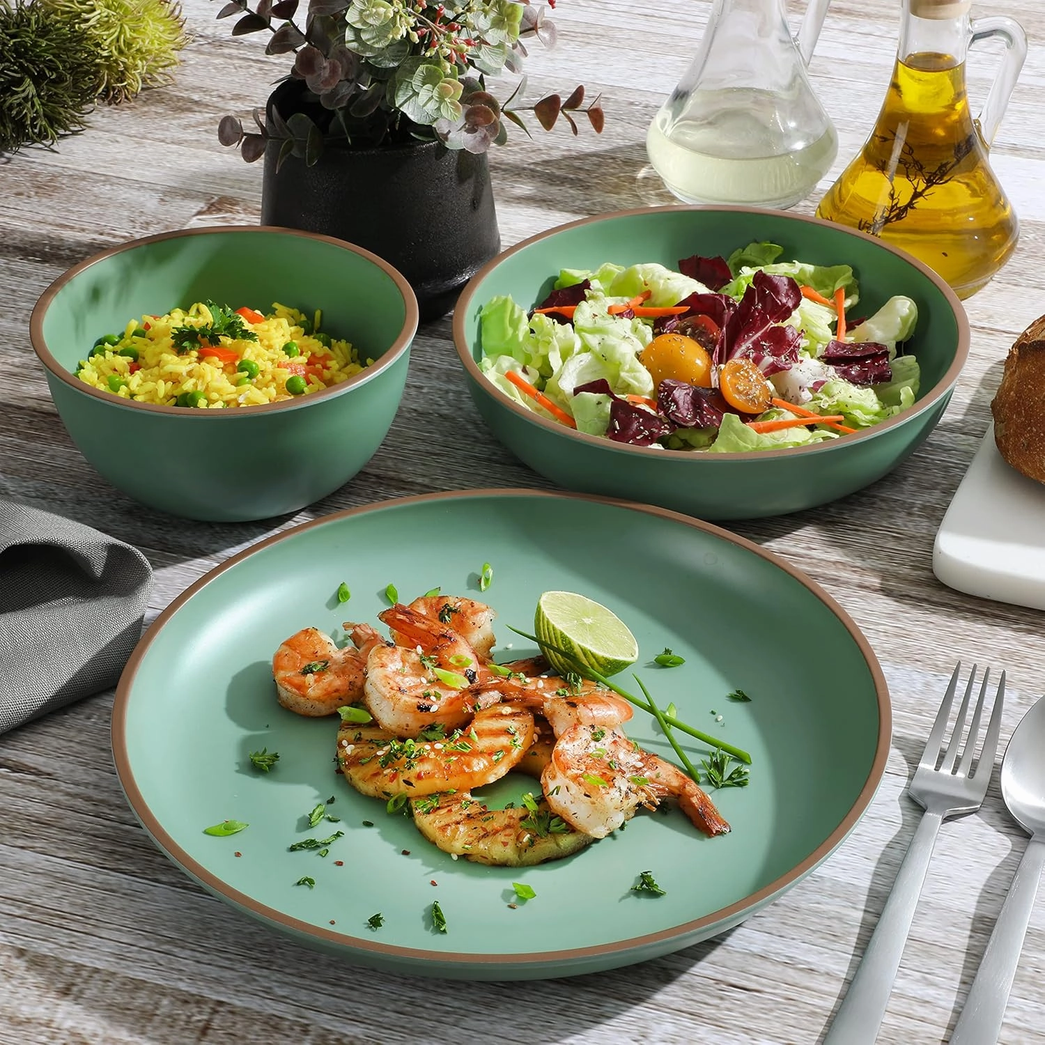 Gibson Home Rockabye 12 Piece Double Bowl Melamine Plastic Dinnerware Set - Matte Green
