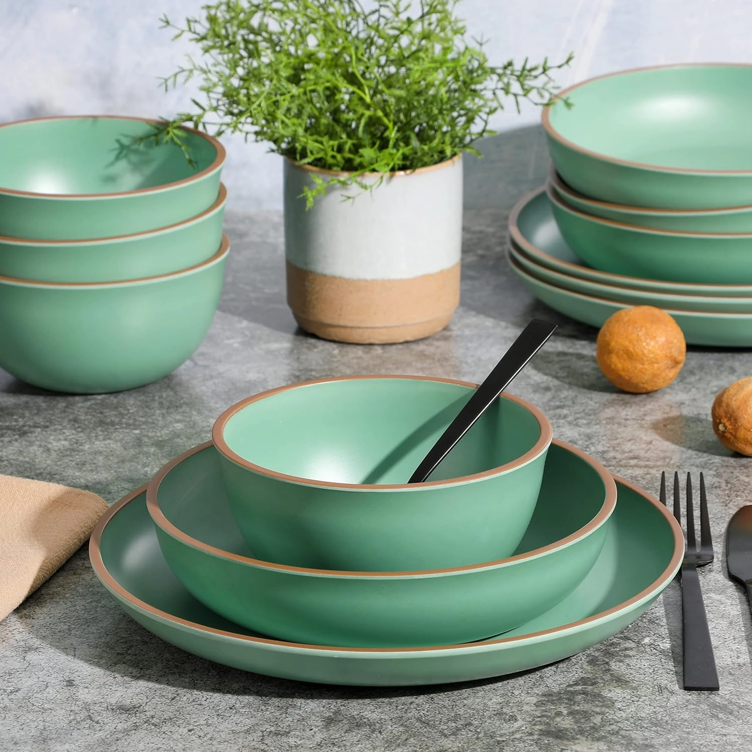 Gibson Home Rockabye 12 Piece Double Bowl Melamine Plastic Dinnerware Set - Matte Green