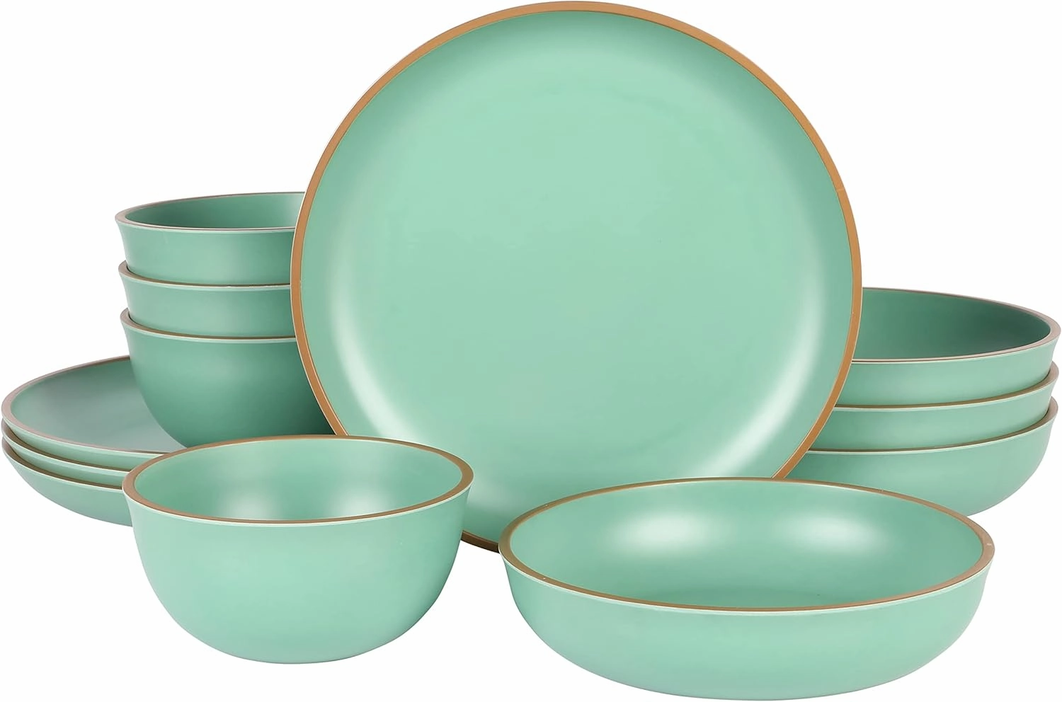 Gibson Home Rockabye 12 Piece Double Bowl Melamine Plastic Dinnerware Set - Matte Green
