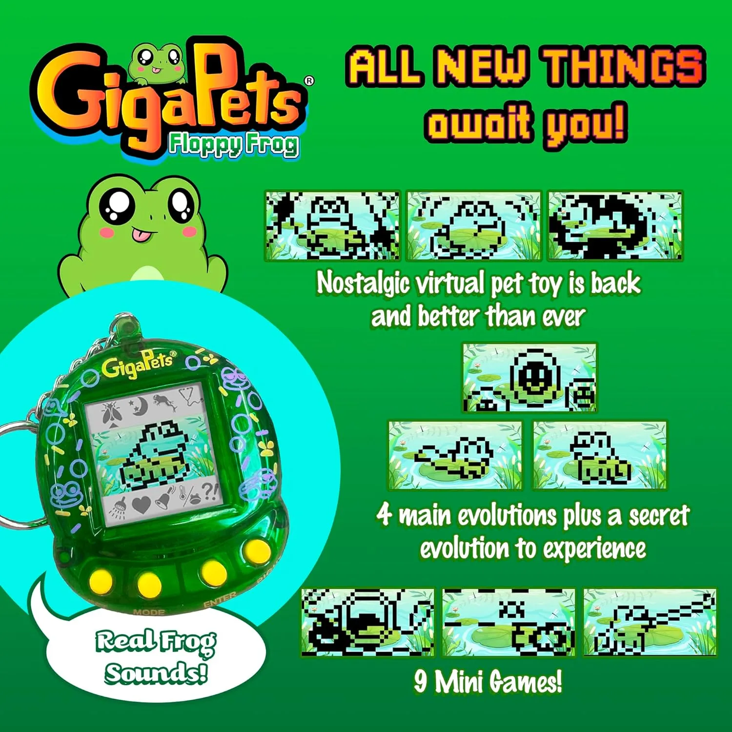 Giga Pet Virtual Pet for Kids Ages 5 and Up, 90s Throwback, Floppy Frog | 25th Anniversary Edition Upgraded Collector’s Edition | Kids Learn to Take Care of a Pet