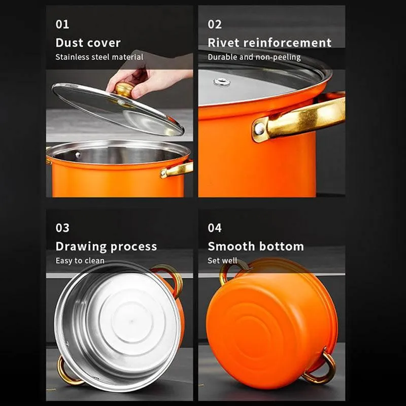 Gleaming Gold Kissed Cookware: Ignite Your Kitchen! Elevate your culinary experience with this stunning cookware set, featuring eye catching colors and luxurious gold