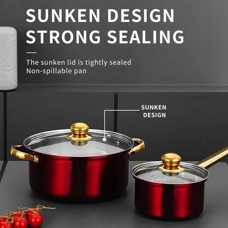 Gleaming Gold Kissed Cookware: Ignite Your Kitchen! Elevate your culinary experience with this stunning cookware set, featuring eye catching colors and luxurious gold