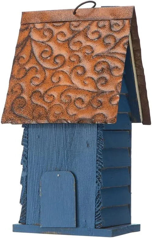 Glitzhome 12" H Retro Blue Distressed Solid Wood Cottage Birdhouse Hanging Bird House for Outdoors