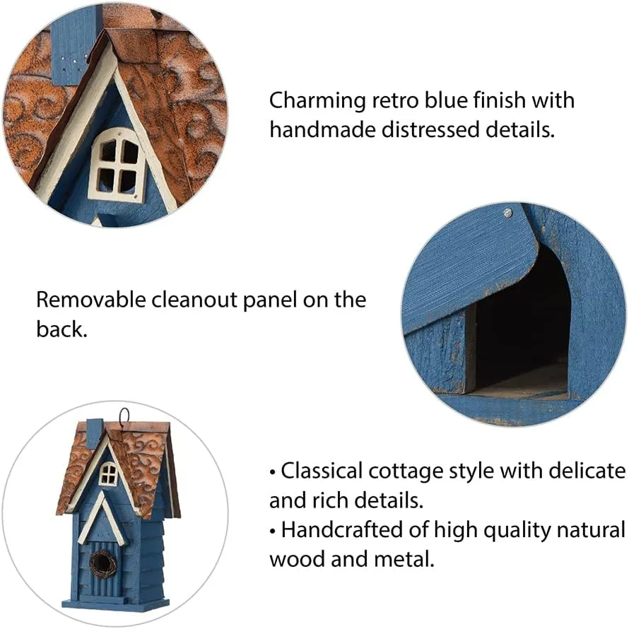 Glitzhome 12" H Retro Blue Distressed Solid Wood Cottage Birdhouse Hanging Bird House for Outdoors