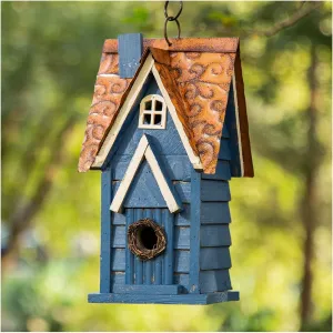 Glitzhome 12" H Retro Blue Distressed Solid Wood Cottage Birdhouse Hanging Bird House for Outdoors