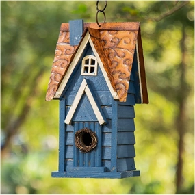 Glitzhome 12" H Retro Blue Distressed Solid Wood Cottage Birdhouse Hanging Bird House for Outdoors