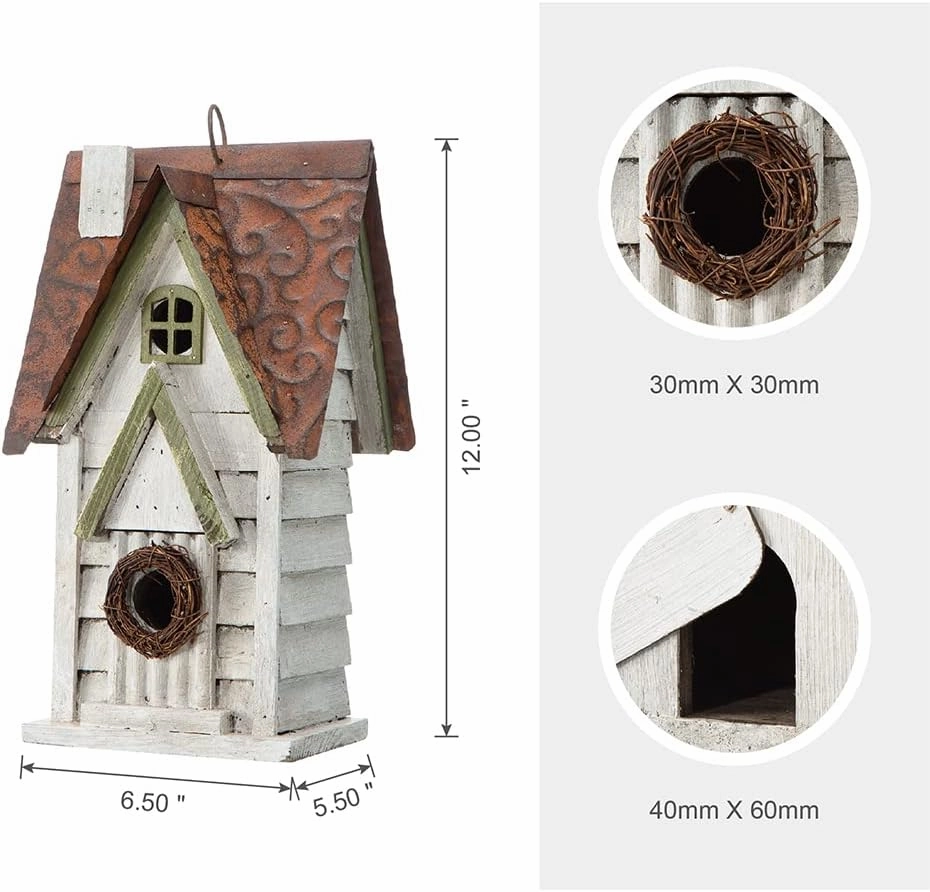 Glitzhome 12" H Washed White Distressed Solid Wood Cottage Birdhouse Hanging Bird House for Outdoors