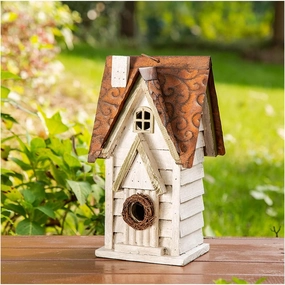 Glitzhome 12" H Washed White Distressed Solid Wood Cottage Birdhouse Hanging Bird House for Outdoors