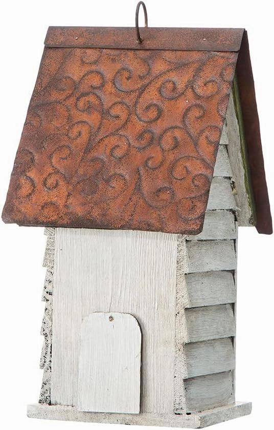 Glitzhome 12" H Washed White Distressed Solid Wood Cottage Birdhouse Hanging Bird House for Outdoors
