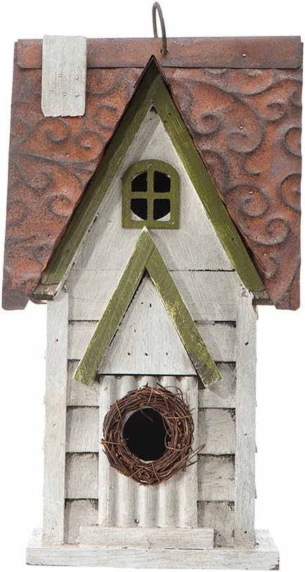 Glitzhome 12" H Washed White Distressed Solid Wood Cottage Birdhouse Hanging Bird House for Outdoors