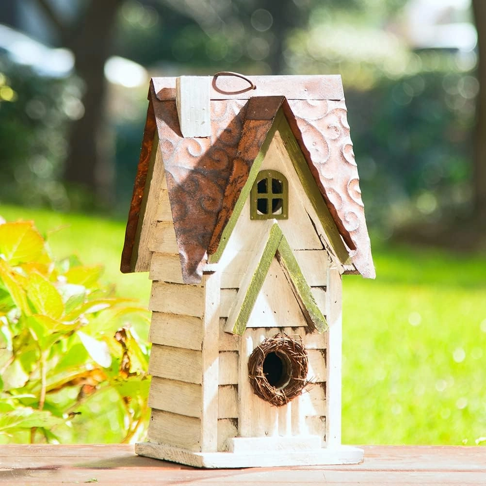 Glitzhome 12" H Washed White Distressed Solid Wood Cottage Birdhouse Hanging Bird House for Outdoors