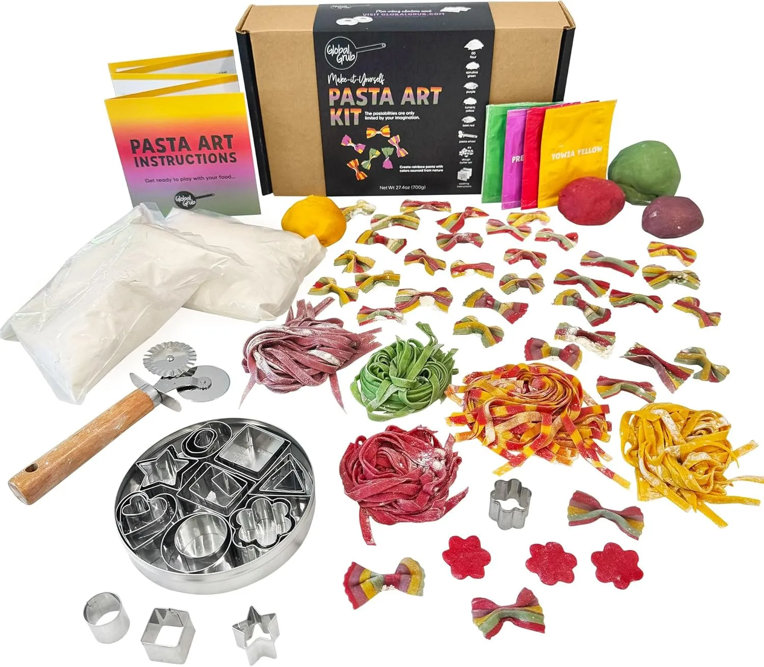 Global Grub Pasta Art DIY Kit for Adults, Kids, Teens–Create Homemade Colored Pasta-DIY Pasta Art Kit Includes Natural Food Colorings, Pasta Cutter Tool, Dough Cutter Set & Easy-To-Follow Instructions
