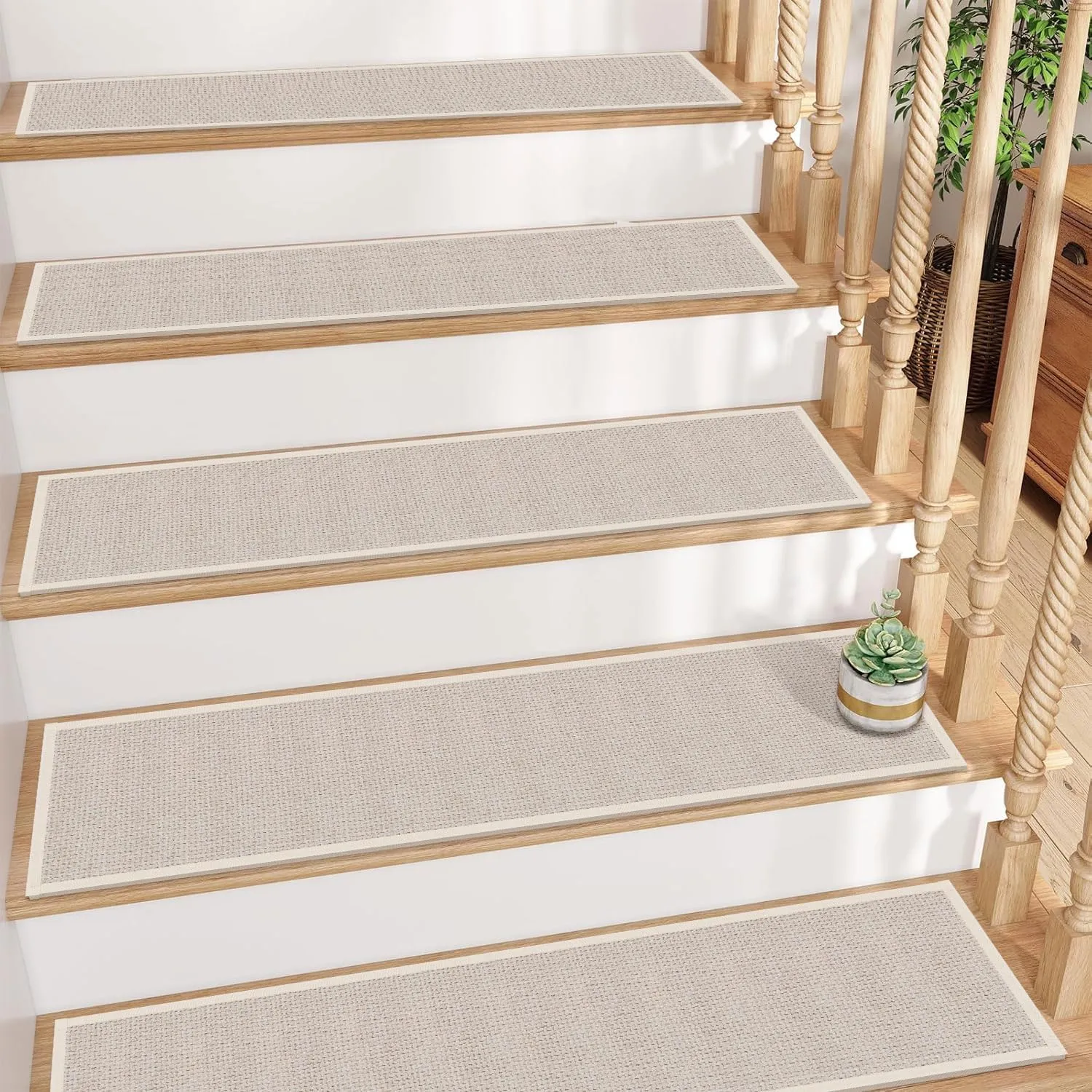 GOYLSER Non Slip Stair Treads for Wooden Steps Indoor, 15pcs Rubber Backed Beige Stair Rugs Pads with Water Resistant, Machine Washable Non Skid Removable Stair Mats for Pet Dog, Elders and Kids