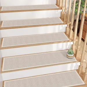 GOYLSER Non Slip Stair Treads for Wooden Steps Indoor, 15pcs Rubber Backed Beige Stair Rugs Pads with Water Resistant, Machine Washable Non Skid Removable Stair Mats for Pet Dog, Elders and Kids