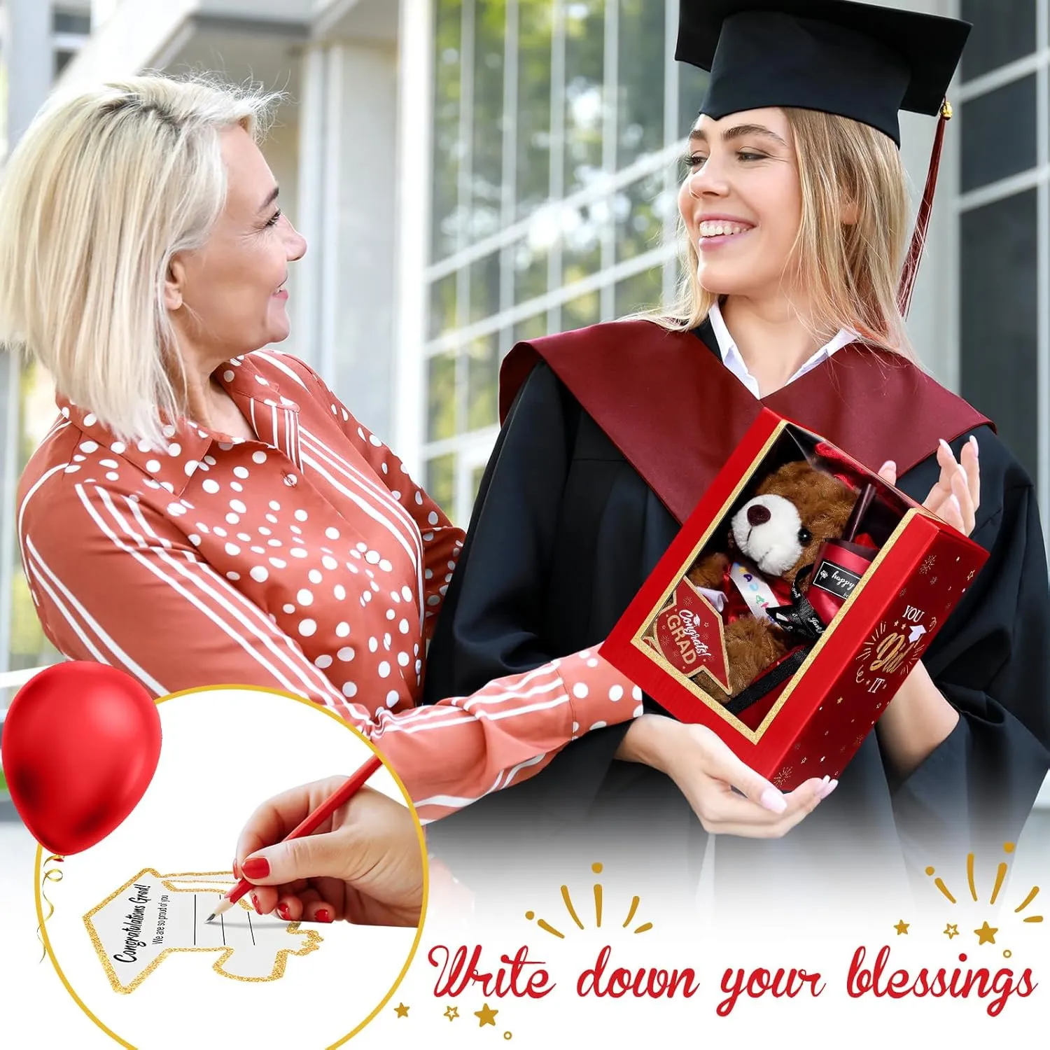 Graduation Bear Gifts Set Include Stuffed Animal Bear with Gown Cap Tassel Class of 2025 Grad Card Soap Artificial Flower Box with Window Graduation Gift for Him Her(Red)