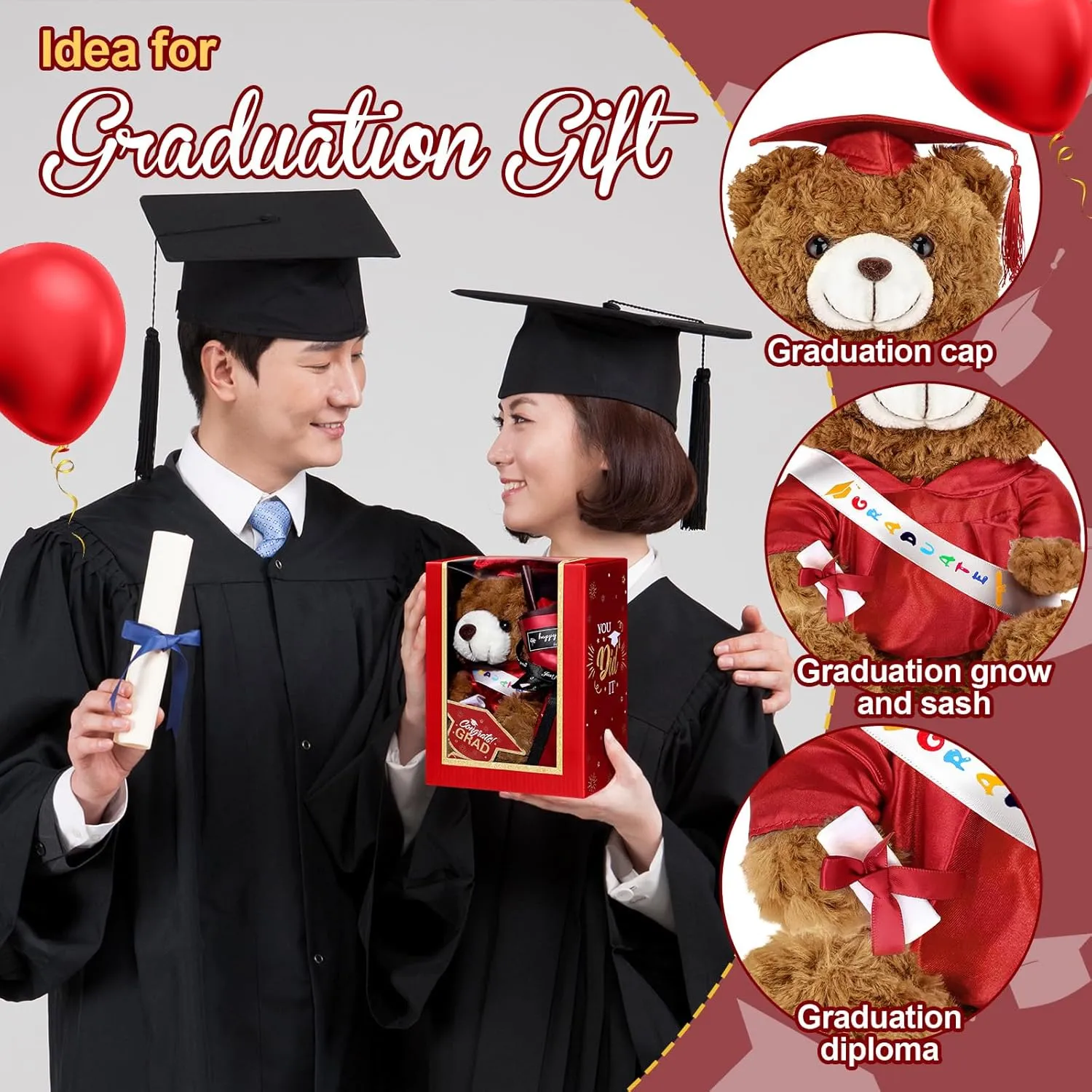 Graduation Bear Gifts Set Include Stuffed Animal Bear with Gown Cap Tassel Class of 2025 Grad Card Soap Artificial Flower Box with Window Graduation Gift for Him Her(Red)