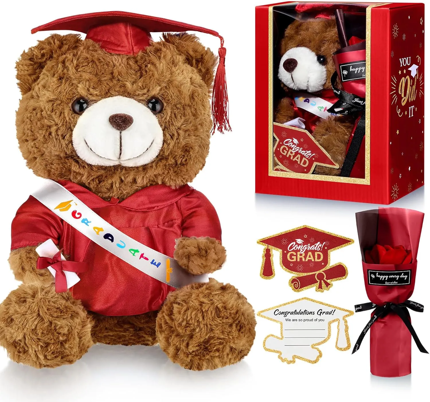 Graduation Bear Gifts Set Include Stuffed Animal Bear with Gown Cap Tassel Class of 2025 Grad Card Soap Artificial Flower Box with Window Graduation Gift for Him Her(Red)
