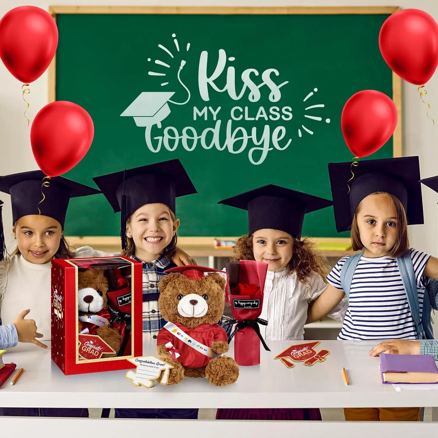 Graduation Bear Gifts Set Include Stuffed Animal Bear with Gown Cap Tassel Class of 2025 Grad Card Soap Artificial Flower Box with Window Graduation Gift for Him Her(Red)