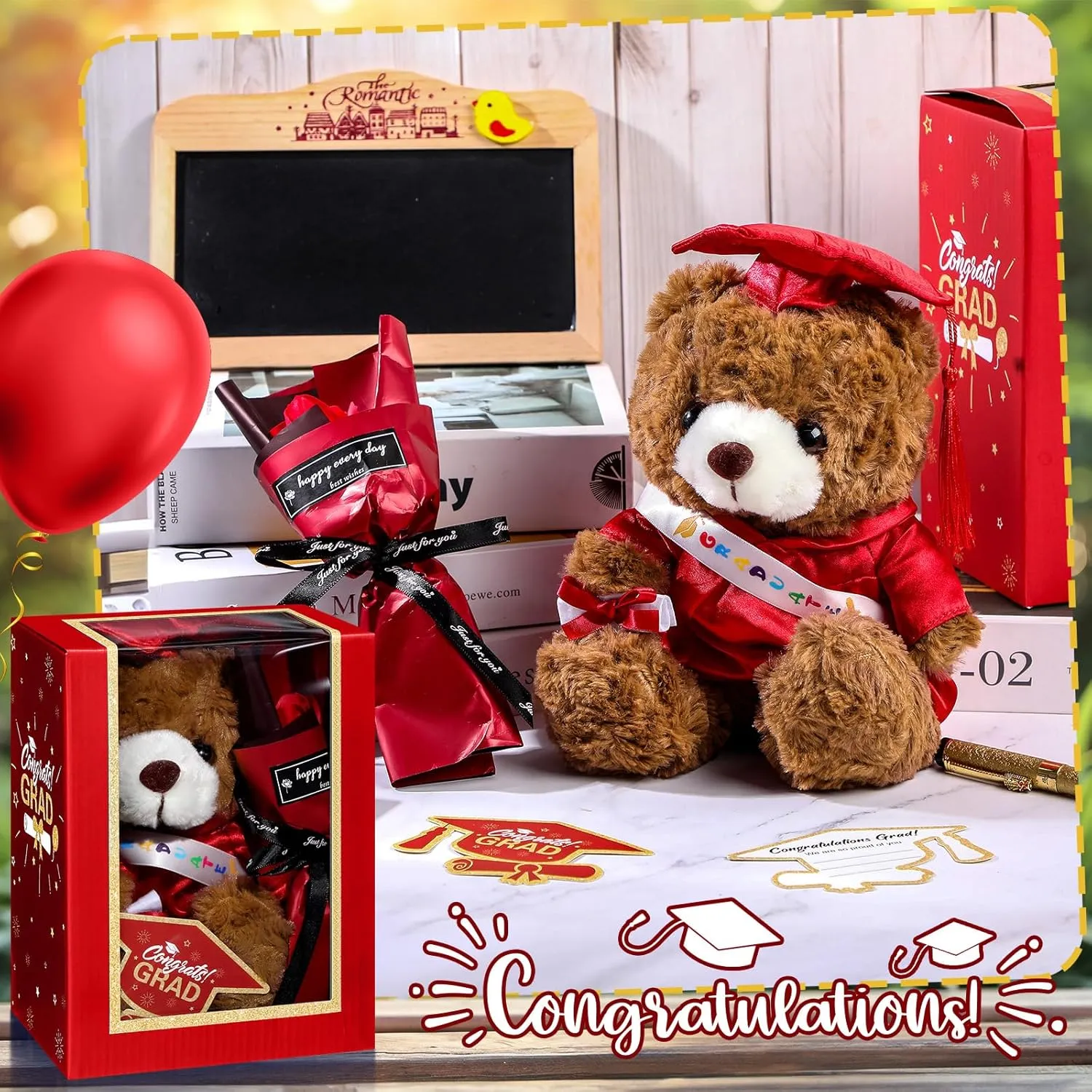 Graduation Bear Gifts Set Include Stuffed Animal Bear with Gown Cap Tassel Class of 2025 Grad Card Soap Artificial Flower Box with Window Graduation Gift for Him Her(Red)