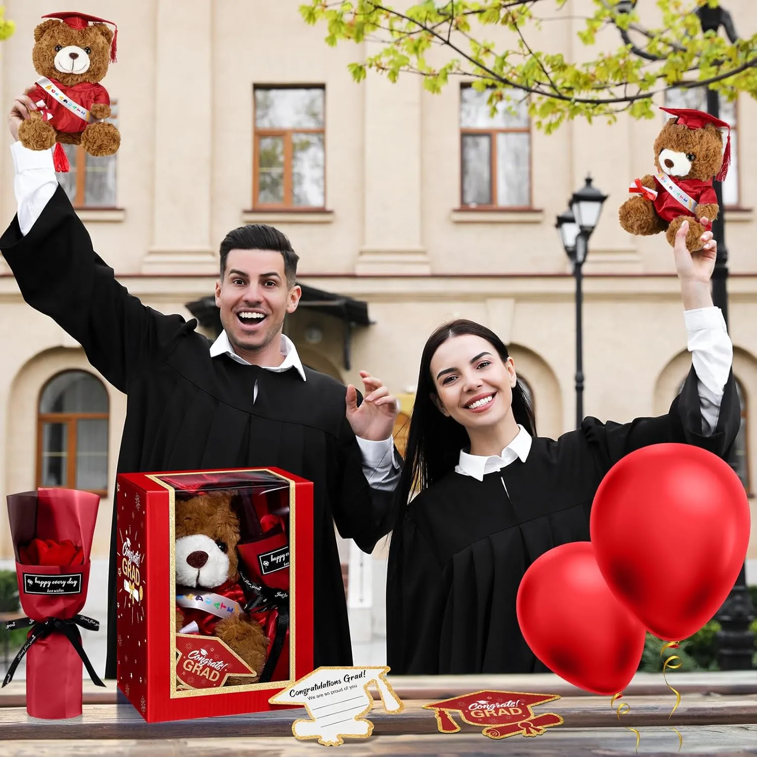 Graduation Bear Gifts Set Include Stuffed Animal Bear with Gown Cap Tassel Class of 2025 Grad Card Soap Artificial Flower Box with Window Graduation Gift for Him Her(Red)
