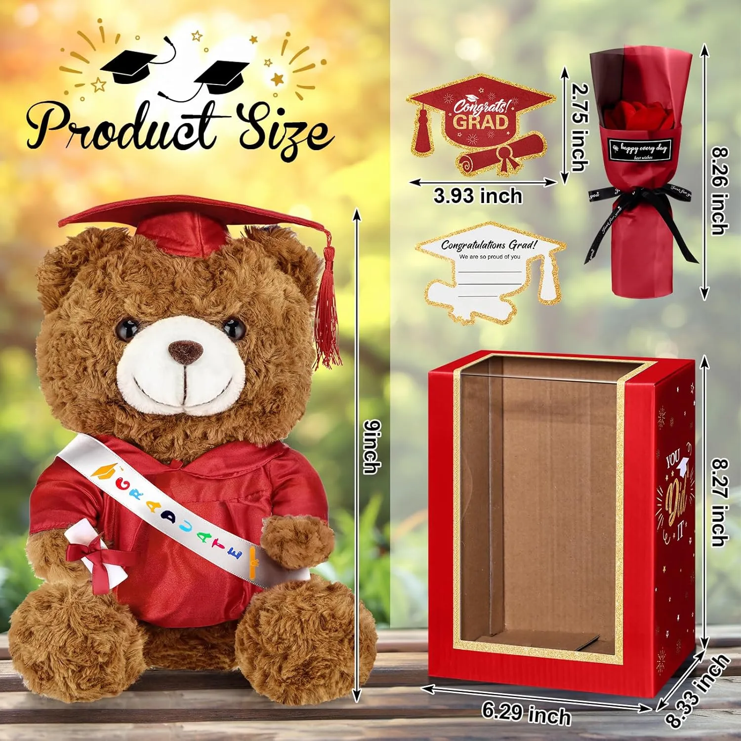 Graduation Bear Gifts Set Include Stuffed Animal Bear with Gown Cap Tassel Class of 2025 Grad Card Soap Artificial Flower Box with Window Graduation Gift for Him Her(Red)