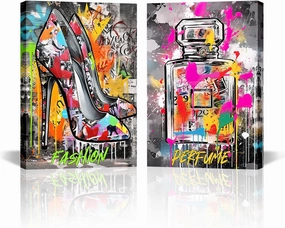Graffiti Wall Art for Bedroom 2 Piece Colorful Ladies' High Heels and Perfume Painting Picture Abstract Graffiti Theme Prints Canvas for Girls Room Living Room Wall Decor Framed(GA-1,24"x36"x2)