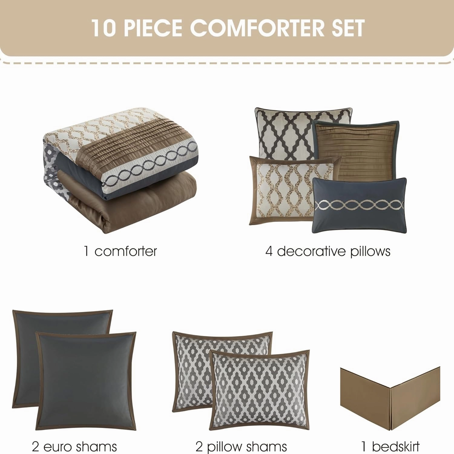 Grand Avenue Geometirc King Size Comforter Set, 10 Piece, Jacquard Home Decor, Premium Lightweight Microfiber, Bedskirt, Pillows & Shams