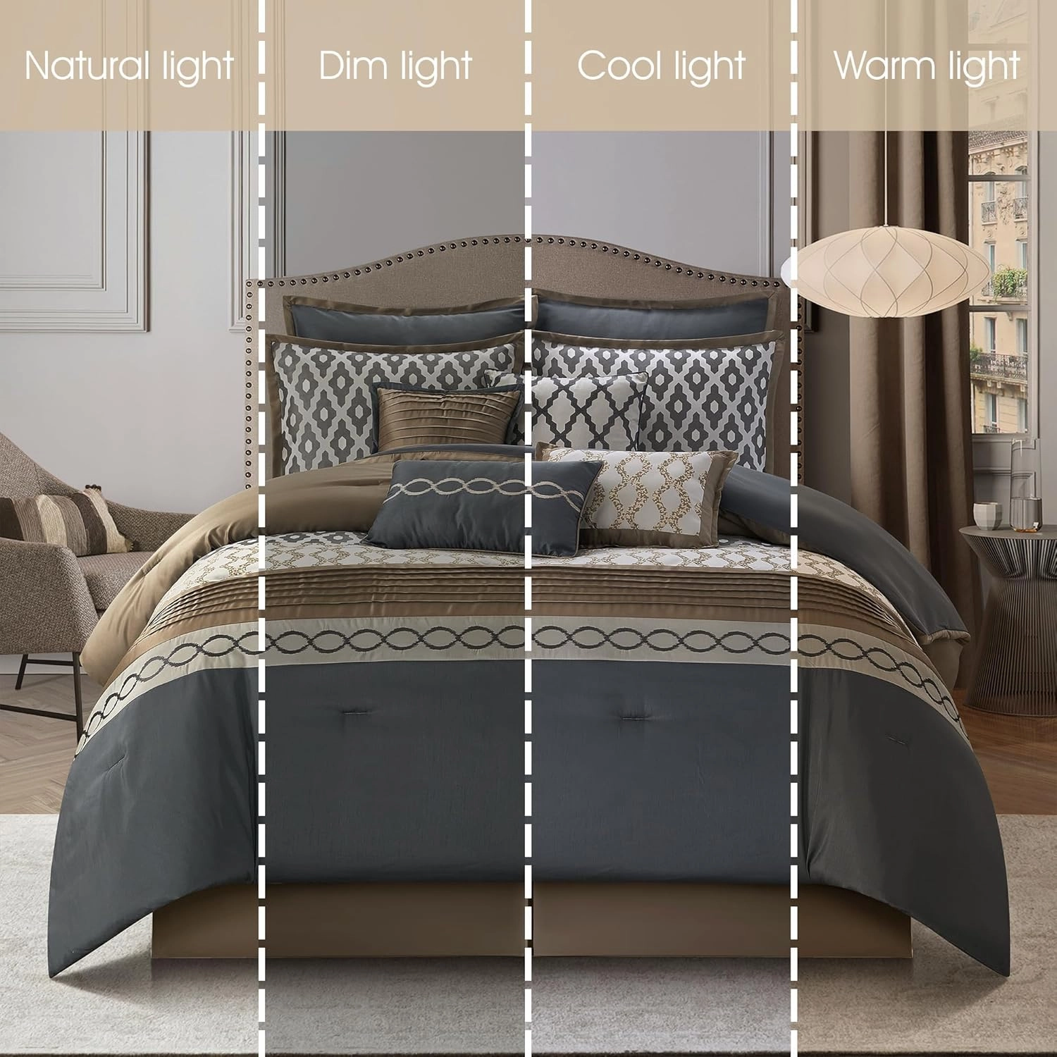 Grand Avenue Geometirc King Size Comforter Set, 10 Piece, Jacquard Home Decor, Premium Lightweight Microfiber, Bedskirt, Pillows & Shams