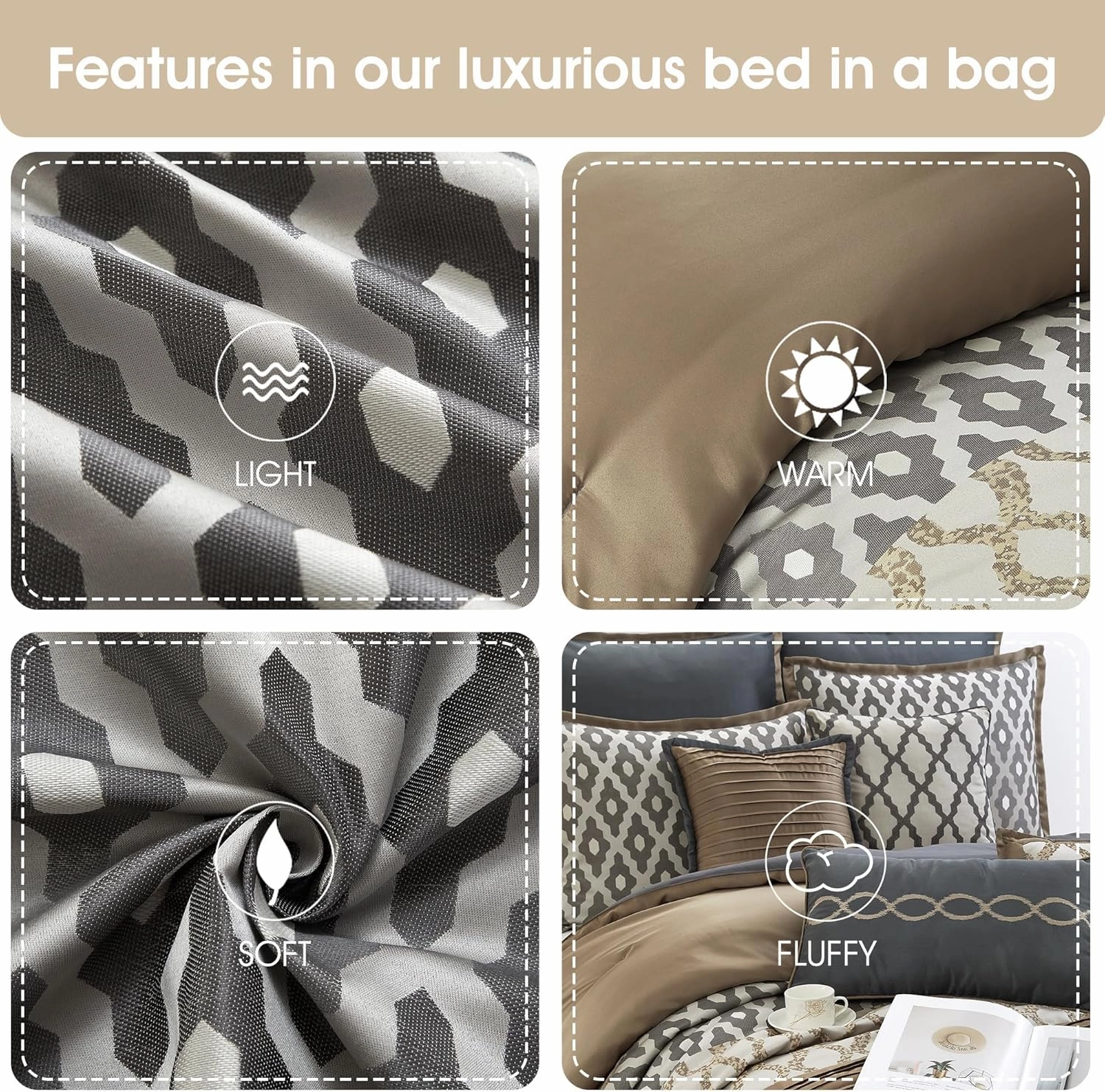 Grand Avenue Geometirc King Size Comforter Set, 10 Piece, Jacquard Home Decor, Premium Lightweight Microfiber, Bedskirt, Pillows & Shams